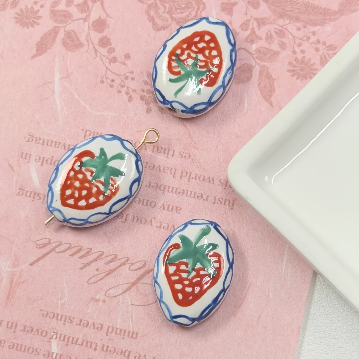 Hand Drawn Painted Fruit Vintage Ceramic Beads, 3pcs